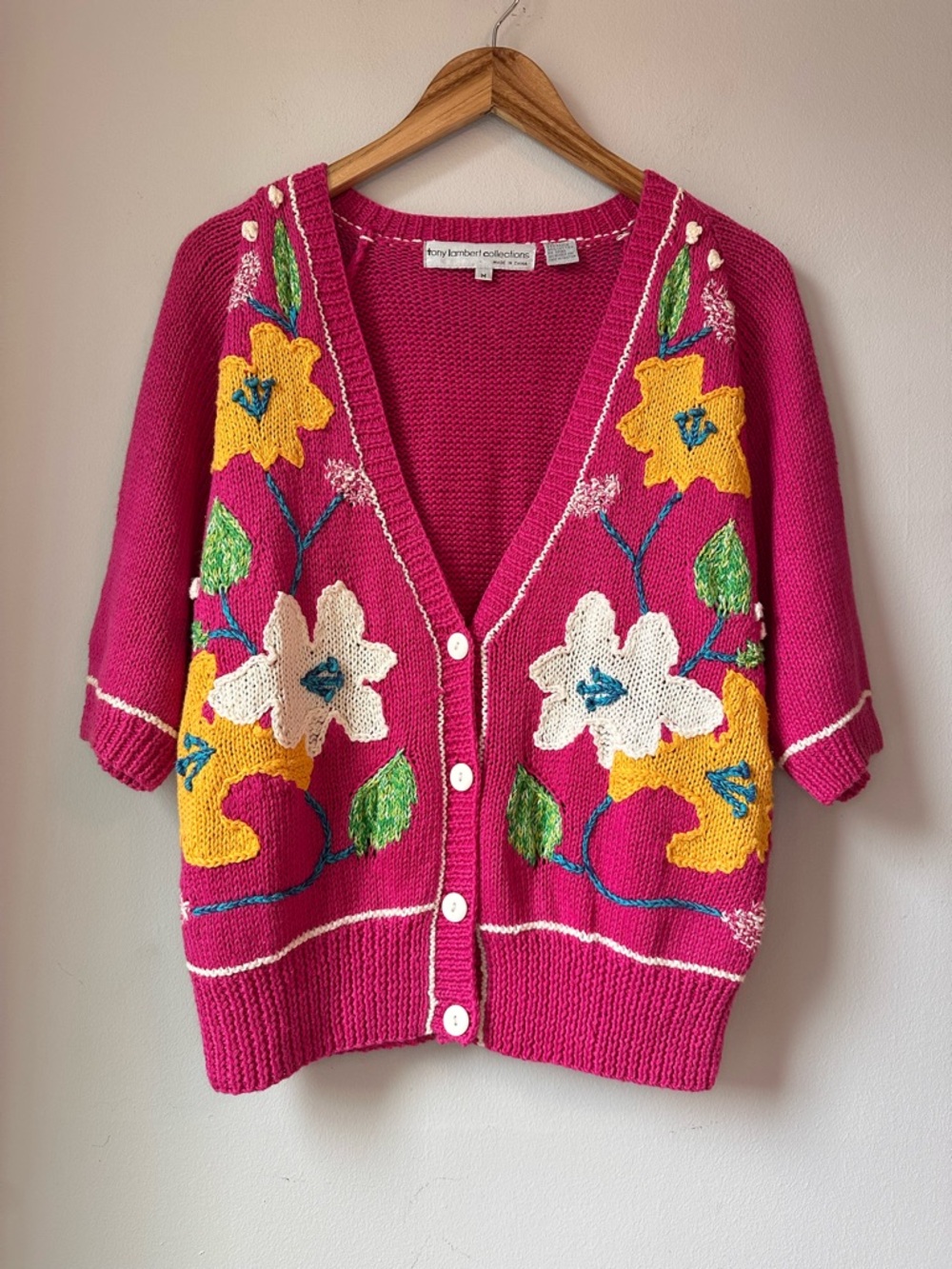 VTG Tony Lambert Cottagecore Pink Floral Knit Cardigan Size M